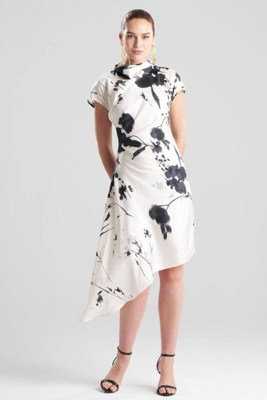 Natori Nara Silk Twill Asymmetric Pleated Dress in Black White 2